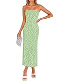 ZESICA Women's 2025 Summer Boho Floral Strapless Bodycon Dress Off Shoulder Tube Beach Party Long Midi Dresses,Green,Medium
