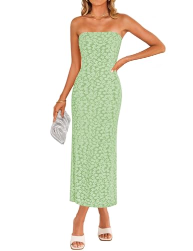 ZESICA Women's 2025 Summer Boho Floral Strapless Bodycon Dress Off Shoulder Tube Beach Party Long Midi Dresses,Green,Small