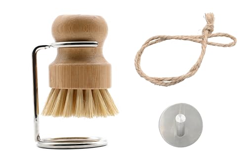 Image of Bamboo Dish Brush, Kitchen Dish Brush Set for Cleaning Dishes, Sinks, Cast Iron Pots /Pans and Vegetables, Sisal Bristles and Bamboo Grip - 1 Piece + Hook + Brush Holder Set (Plam Brush Holder Hook)