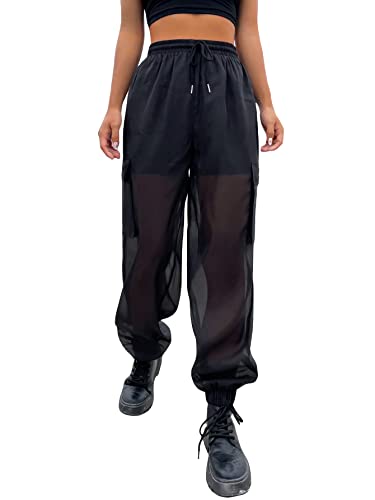 OYOANGLE Women's Mesh Sheer Drawstring Waist Flap Pocket Streetwear Jogger Cargo Pants