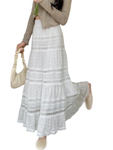 2025 New Spring/Summer Patchwork Skirt Women's Fashion Design Chic Embroidery Lace Hollow Out White Long Skirt3