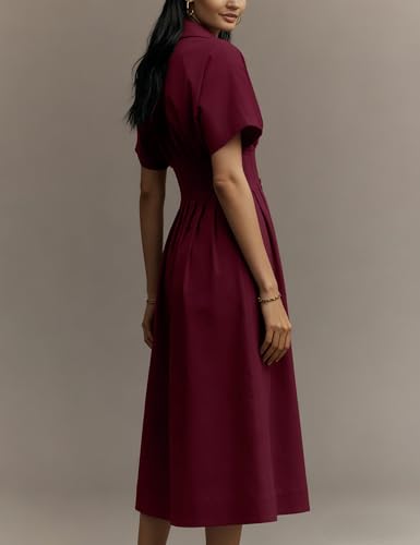 Image of Yeokou Shirt Dress for Women Summer Casual Short Sleeve Button Down Loose Pleated Maxi Sundress with Pockets