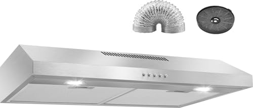 Ductless Range Hood 30 inch Under Cabinet, 600cfm Slim Kitchen Stove Vent Hood with LED Lights, 3 Speed Exhaust Fan, Reusable Filters, Stainless Steel Campanas para Cocina with Charcoal Filter