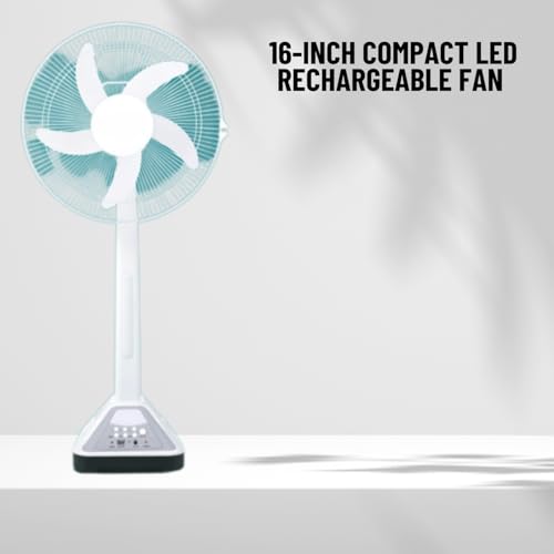Image of Drumstone [𝟏𝟓 𝐘𝐄𝐀𝐑𝐒 𝐖𝐀𝐑𝐑𝐀𝐍𝐓𝐘 16 Inch LED Rechargeable Battery Operated Fan with Remote Control, Lead Acid Battery, 180 Rotation, 3 Speed Settings, and LED Light