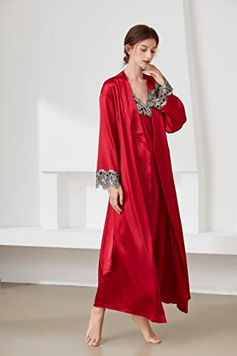 Asher Fashion 2 Piece Women Satin Nightgowns And Robe Set Sexy Lace Silk Slip Dress Long Chemise Nightdress Sleepwear Red thumb #5