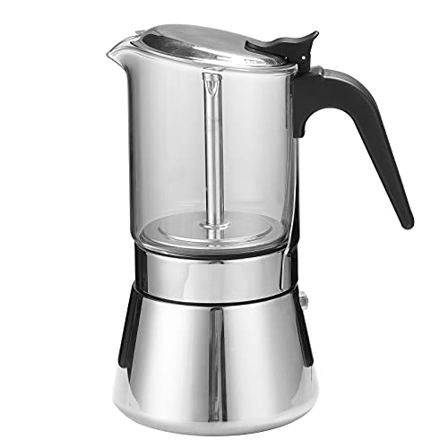 Rumia crystal glass top and stainless steel moka pot for powerful coffee machines, dishwasher safe, classic Italian style.