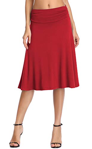 Image of Urban CoCo Women's Ruched High Waist Knee Length Jersey A-Line Stretchy Flared Casual Skirt