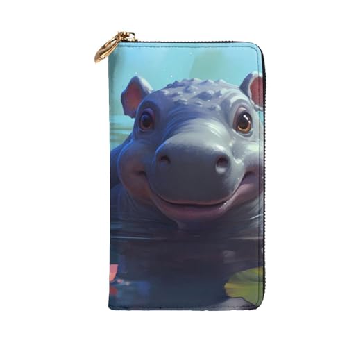 Cute Hippo Picture Leather Long Clutch Wallet for Fashionable Girls and Women - Durable, Stylish, and Functional, Black, One Size2