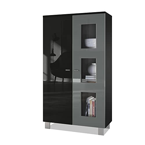 Vladon Vitrine de Salon Denjo, Vitrine sur Pied avec 2 Portes et 3 vitres, Noir Mat/Noir Haute Brillance/Gris Haute Brillance (71 x 129 x 35 cm)