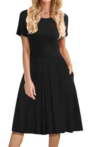 Image of DB MOON Women Summer Casual Short Sleeve Dresses Empire Waist Dress with Pockets