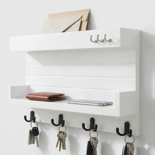 Image of Key Holder for Wall with Mail Shelf & 4 Hooks | Engineered Wood (White, 36D x 23W x 10H Centimeters)