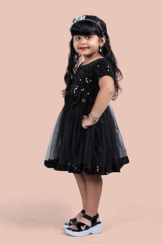 Image of Charming Girls' Kids Velvet & Net Frock with Knee-Length Short Sleeve A-line Round Neck Fit and Flare and Back Zipper Closure|Kids Dress for Baby Girls Birthday Outfit
