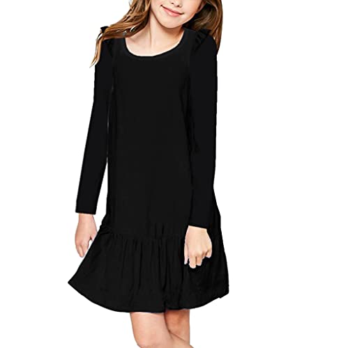 Ruffle Dresses For Girl Long Sleeve Rffle Trim Casual Cute Spring Fall Shift Dress Black 9-10 Years #TOP3