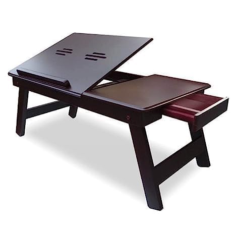Image of WOOYNEX Wooden Laptop Table Standard Adjustable Study Table with Laptop, Portable Lap Desk, Multifunctional Bed Table with Drawer and Folding Legs (Brown)