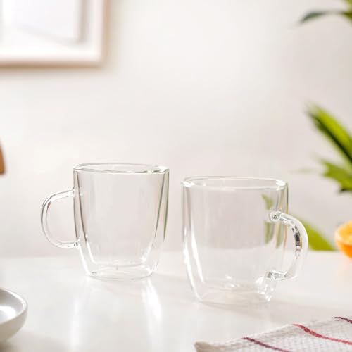 Image of Nestasia Double Wall Borosilicate Glass Mugs Set of 2 (280ml Each) - Microwave & Dishwasher Safe Transparent Glass Tea Cups | Food Safe & Durable Coffee Mugs - Ideal for Latte, Espresso, Cappuccino