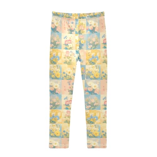 Retro Checker Board Groovy Flower Oil Painting Kids Girl's Cotton Pants Soft Full Length Yoga Pants Running