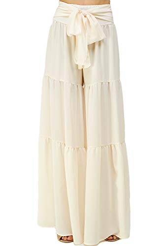 Olive Leaf Woman's Palazzo Pants - Casual Wide Leg High Waisted Solid Tiered Comfy Lounge Long Trousers with Waist Tie (Oatmeal P6479, M)