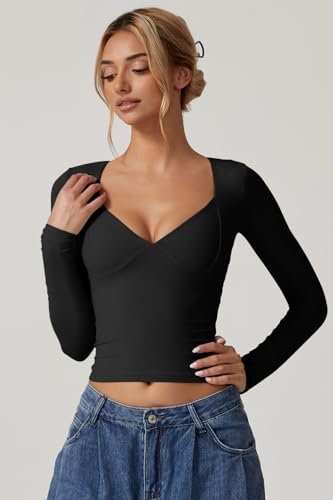 QINSEN Women's Long Sleeve V Neck T Shirts Double Lined Crop Top Seamed Cup Going Out Tops4