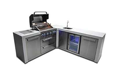 Mont Alpi MAi400-D90BEV 32-Inch 4-Burner 78000 BTU 90 Degree Corner Deluxe Stainless Steel Gas Outdoor Kitchen Barbecue Gas Island Grill w/Wine Cooler Beverage Center Refrigerator + Faucet & Sink