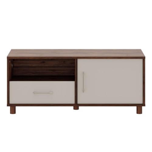 Image of Wakefit TV Unit | 1 Year Warranty | TV Stand Table, TV Unit for Living Room, TV Cabinet, Cabinet Engineered Wood with Drawer & 2 Close Shelves (Allie, Columbian Walnut & Pumic Grey)
