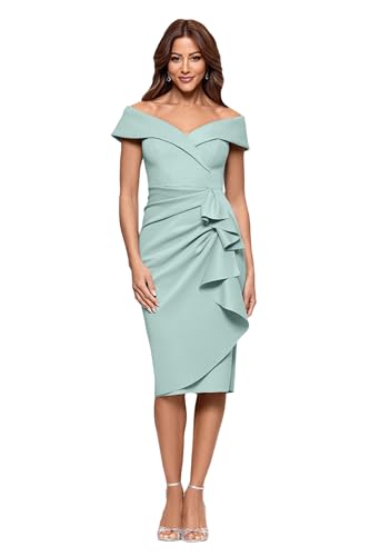 Image of Xscape Women's Bodycon Midi Off-The-Shoulder Ruffle Dress with Center Back Zipper, Petite & Plus Size