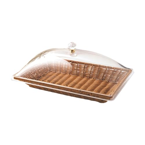 FQRDKT Rattan Bread Basket with Clear Acrylic Lid Hand-Woven Multi-Purpose Wicker Tray for Food Storage And Serving, 40cmx24cm