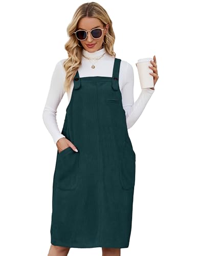 Flygo Damen Cordpullover Overall Latzhose Midikleid Rock mit Taschen, Dunkelgrün, X-Groß