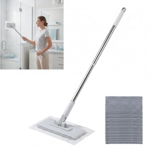 Image of Automatic Cloth Clip Mop, Flat Floor Cleaning Mop with Stainless Steel Handle, Purple