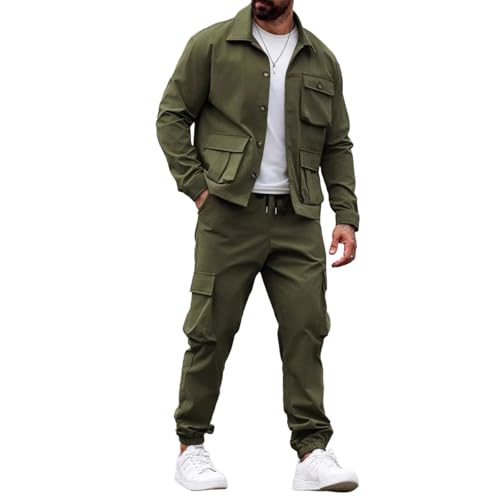 Hosyu L Green Trend Men's Cargo Jacket Track suit 2 Pieces Set Outfits Casual Multi-Pockets Long Sleeve Button up Jacket and Cargo Pants Set