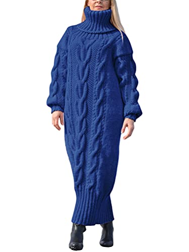 Minetom Damen Strickkleid Grobstrick Pulloverkleid Tunika Kleid Rollkragen Langarm Maxi Kleid Pullikleid Lang Strickpullover Wickelkleid A Blau XL