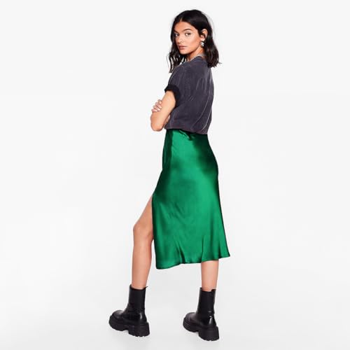 Midi Silk Skirt Women's Spring Summer Satin High Waist Side Split Ruffle A-line Long Skirts2