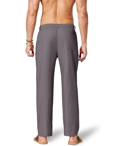 Image of COOFANDY Men's Cotton Linen Pants Casual Drawstring Dress Pants Beach Summer Lightweight Trousers Dark Grey