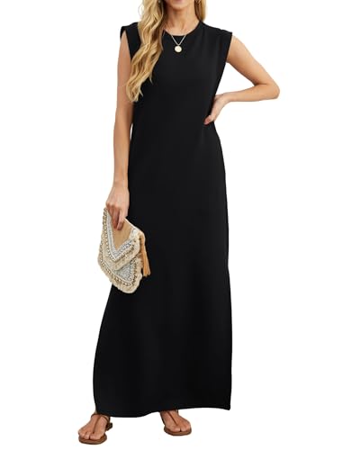 Enmain Vestido Largo Mujer Verano Sin Mangas Cuello Redondo con Bolsillos Laterales y Fisiones Elástica Antiarrugas Informal Elegante Vestidos Negro Mujer de Vacaciones Fiesta Tallas L