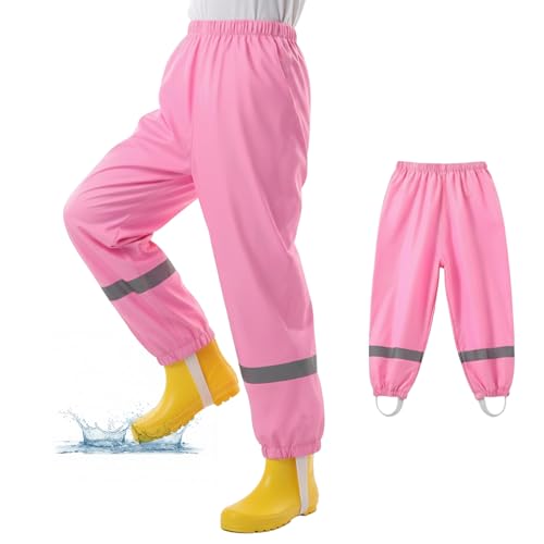 WUDEUI Waterproof Trousers Kids Lightweight Rain Overtrousers for Boys Girls Mud Proof Rainy Pants with Reflective Strip for Toddler Children Age 3-10 Years School Outdoor Play Pink