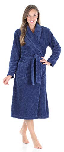 Sleepyheads Women's Plush Fleece Robe Jacquard Long Sleeve Bathrobe, Navy, SML
