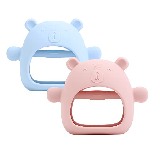 Image of PandaEar 2 Pakc Silicone Baby Teething Toys| Baby Hand Teether Mitten for Sucking Needs| Baby Chew Toys Hand Pacifier for Soothing Teething Pain Relief (Bear Pink Blue)