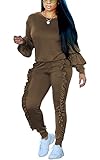 Akmipoem Women's Two Piece Outfits Ruffle Sleeve Sweatshirt and Long Pants Tracksuit