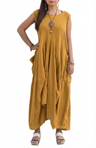 Image of Thaluta Women's Boho Cotton Sleeveless Dress Casual Loose Fit Maxi Dress with Big Pockets Fair Trade Light Summer Sundress