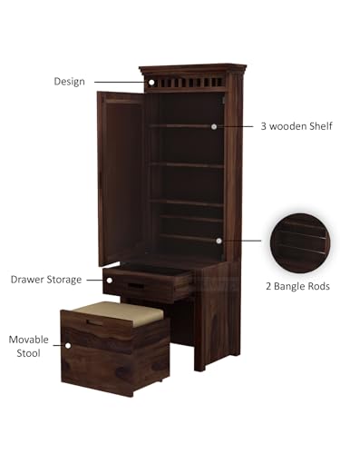 Image of VeLivings Solid Wood Wooden Dressing Table for Bedroom with Drawer, Mirror and Large Storage Space with Stool | Long Dresser Table with Mirror (Walnut Finish)