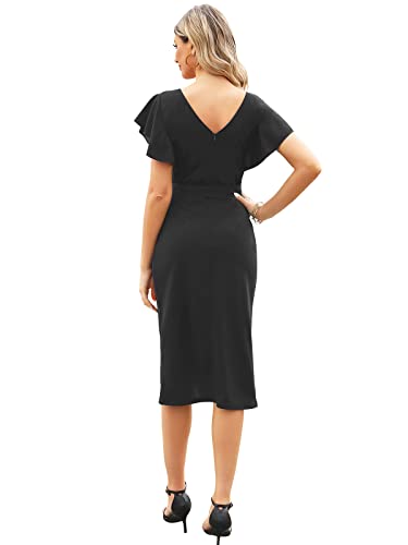 HELYO Women's Elegant V-Back Ruffle Sleeve Sheath Dresses Belted Ruched Elegant Casual Work Cocktail Party Dress2