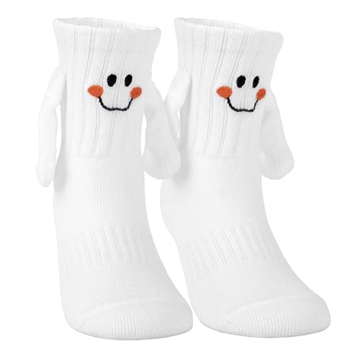 Bibalabili Holding Hands Socks, Boy and Girl Novelty Funny Magnetic Mid-Tube Baby Children Smile Unisex Socks (US, Alpha, Medium, Regular, White)