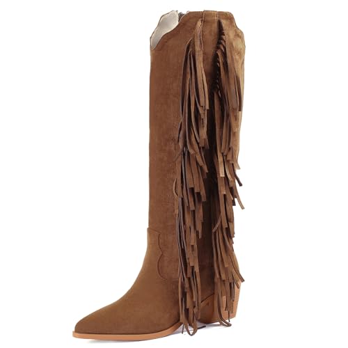 Image of KiutSymo Cowgirl Fringe Boots For Women White Tassels Cowboy Boots Knee High Pointed Toe Western Boots