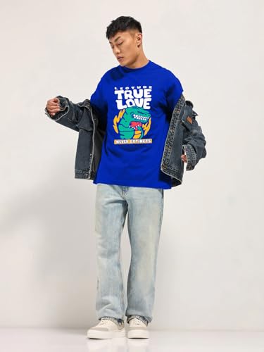 Image of LEOTUDE Half Sleeve Oversized Tshirt for Men, Round Neck Cottonblend Drop Shoulder Printed T-Shirt (Black Color)