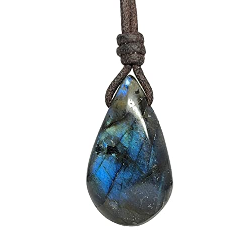 Luck Strings Labradorite Crystal Pendant Necklace Healing Chakra Crystal Necklace Natural Polished Blue Flash Raw Stone Jewelry For Women Men - Unisex Gemstone Adjustable Choker #TOP7