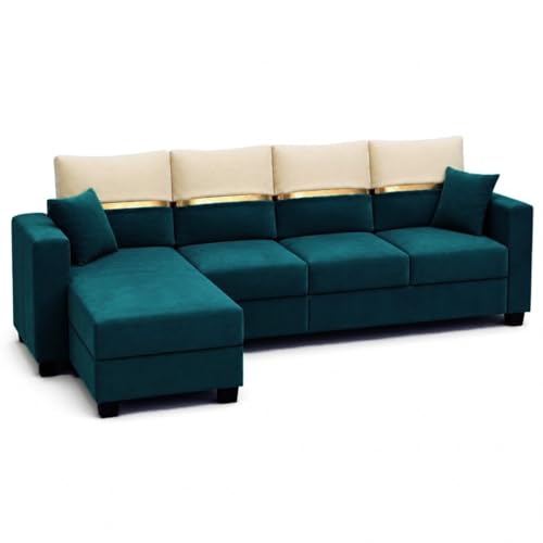 Image of Furny Arvea 8 Seater Fabric LHS L Shape Sofa Set with 1 Centre Table & 2 Puffy (Greenish Teal) | Soft Velvet Fabric | Modern Design | Comfortable Seating | Living Room Furniture