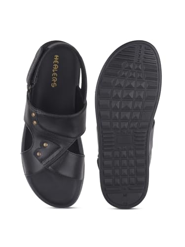Image of Liberty Healers DANVER-E Sandal for Men, Black - Stylish Casual Formal Look Men's Sandals - Comfortable Leather Look Gents Chappal, Lightweight, Durable Footwear for Office, Travel, Indoor,Outdoor Use