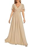 Ever-Pretty Women's Chiffon V-Neck Mother of Bride Dresses A-Line Ruched Short Sleeves Appliques Bridesmaid Dress Formal Gown Champagne US14