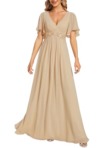 Ever-Pretty Women's Chiffon V-Neck Mother of Bride Dresses A-Line Ruched Short Sleeves Appliques Bridesmaid Dress Formal Gown Champagne US14
