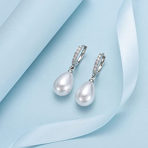 CERSLIMO Pearl Drop Earrings for Women | S925 Sterling Silver Post Simulated Shell Pearl Hoop Dangle Earrings, Hypoallergenic Cubic Zirconia Huggies Earrings Bridesmaid Jewelry4