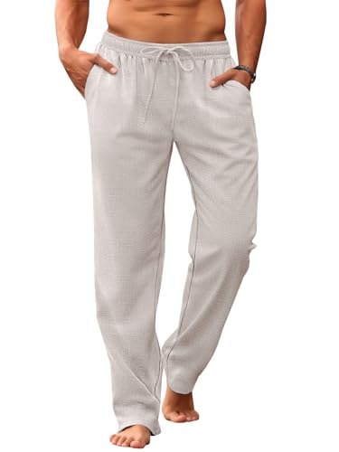 Makkrom Mens Casual Pants Drawstring Elastic Waist Lightweight Linen Pants Loose Fit Summer Beach Yoga Trousers